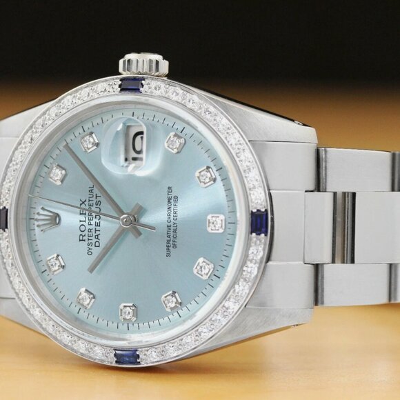 MENS ROLEX DATEJUST BLUE 18K GOLD SAPPHIRES WATCH - Picture 3 of 7